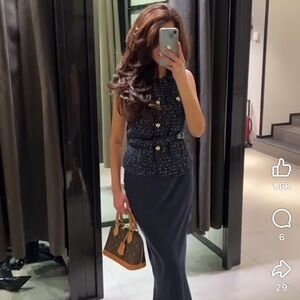 Zara Navy Blue Belted Sequin Structured Vest